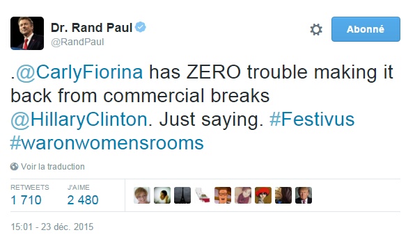 Traduction: Carly Fiorina n'a AUCUN mal à revenir à temps des pauses publicitaires Hillary Clinton. Je dis ça, je ne dis rien.