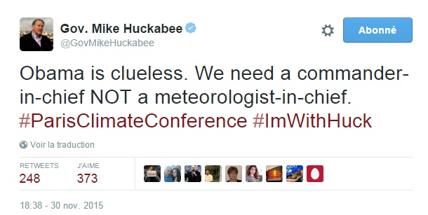 Traduction: Obama est un incapable. Nous avons besoin d'un commandant-en-chef, pas d'un météorologiste-en-chef.
