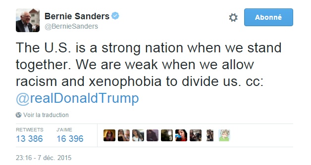 Traduction: Les Etats-Unis sont une nation forte quand nous nous serrons les coudes. Nous sommes faibles quand nous permettons au racisme et à la xénophobie de nous diviser. cc: Donald Trump
