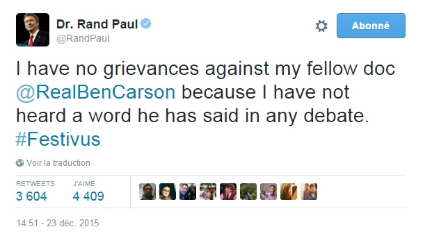 Traduction: Je n'ai pas de plaintes contre mon confrère médecin Ben Carson parce que je n'ai pas entendu un seul des mots qu'il a prononcés lors des débats.