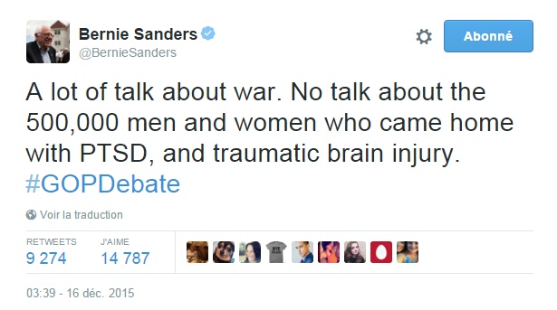 Traduction: Beaucoup de discussions à propos de la guerre. Aucune discussion à propos des 500,000 hommes et femmes qui sont rentrés à la maison avec un syndrome de stress post-traumatique, et un traumatisme crânien.
