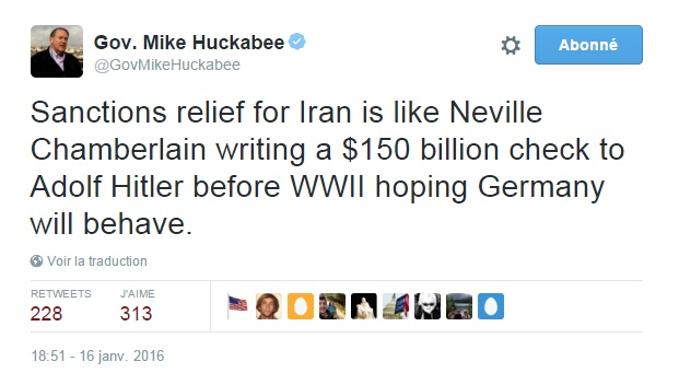 Traduction: La levée des sanctions contre l'Iran est comme Neville Chamberlain signant un chèque de 150 milliards de $ à Adolf Hitler avant la Seconde Guerre Mondiale en espérant que l'Allemagne se conduise bien.