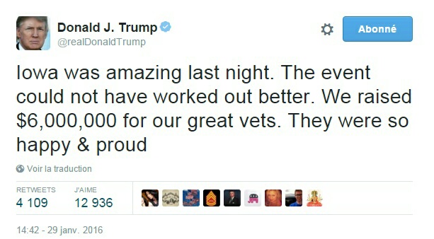 Traduction: L'Iowa était incroyable hier soir. L'événement n'aurait pas pu mieux se dérouler. Nous avons récolté $6,000,000 pour nos vétérans. Ils étaient si heureux & fiers