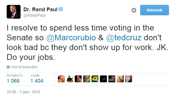 Traduction: Je décide de passer moins de temps à voter au Sénat pour que Marco Rubio et Ted Cruz ne fassent pas mauvaise figure parce qu'ils ne se montrent pas au travail. Je plaisante. Faites votre boulot.