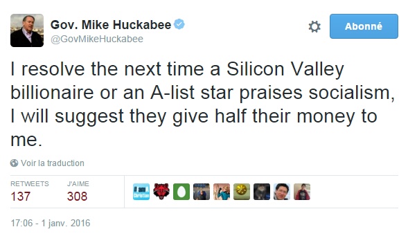 Traduction: Je décide que la prochaine fois qu'un milliardaire de la Silicon Valley ou qu'une grande star de cinéma fera l'éloge du socialisme, je suggérerai qu'ils me donnent la moitié de leur fortune.