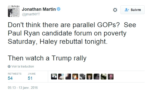 Traduction: Vous ne pensez pas qu'il y a deux Partis Républicains parallèles ? Voyez Paul Ryan au forum sur la pauvreté samedi, la réponse d'Haley ce soir. Puis regardez un meeting de Trump.