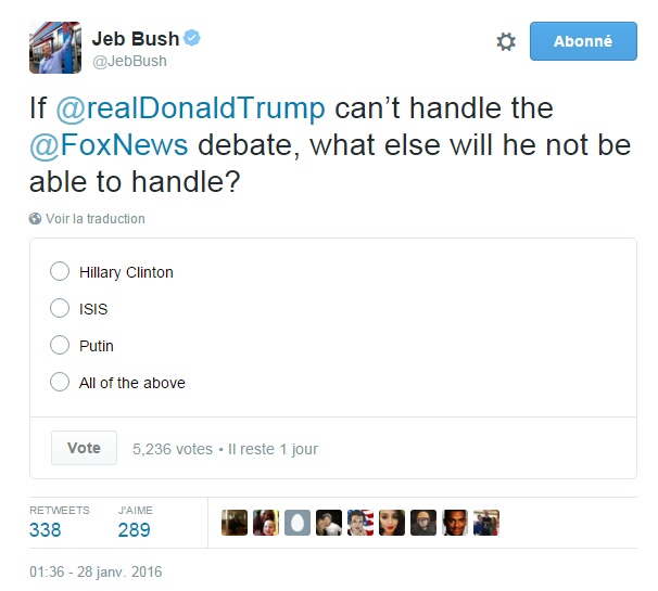 Traduction: Si Donald Trump ne peut pas faire face au débat de Fox News, à quoi d'autre ne sera-t-il pas capable de faire face? Hillary Clinton / L'Etat Islamique / Poutine / Tout ce qui précède