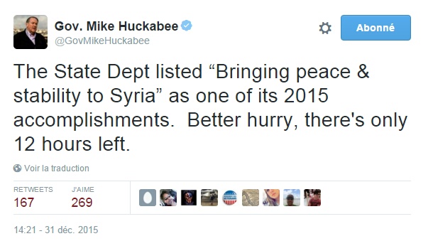 Traduction: Le Département d'Etat a listé "Apport de la paix & de la stabilité en Syrie" comme l'un de ses accomplissements de 2015. Il faut se dépêcher, il ne reste plus que 12 heures.