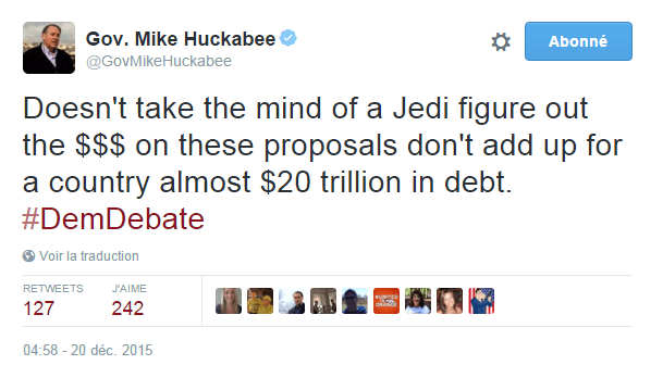 Traduction: Pas besoin d'avoir l'esprit d'un Jedi pour comprendre que les $$$ de ces propositions n'ont pas de sens pour un pays qui a déjà une de dette de presque 20 mille milliards de dollars.