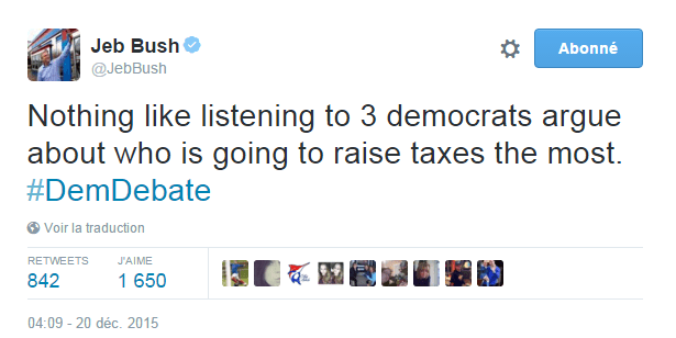 Traduction: Rien de tel que d'écouter 3 Démocrates se disputer pour savoir qui va le plus augmenter les impôts.