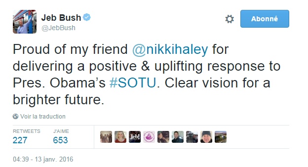 Traduction: Fier de mon amie Nikki Haley qui a délivré une réponse positive et inspirante au discours sur l'état de l'Union du Président Obama. Une vision claire pour un futur plus brillant.