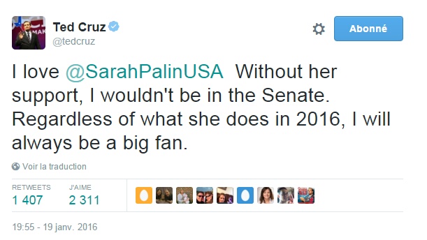 Traduction: J'aime Sarah Palin. Sans son soutien, je ne serais pas au Sénat. Peu importe ce qu'elle fait en 2016, je serai toujours un grand fan.