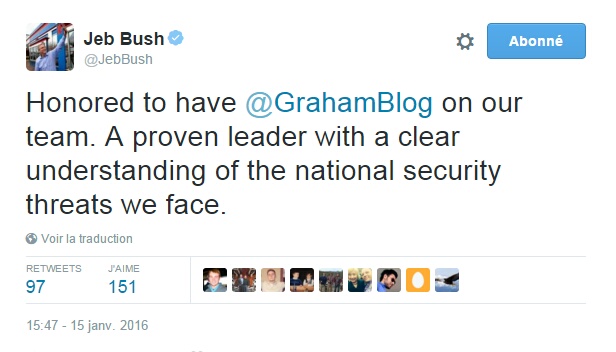 Traduction: Honoré d'avoir Lindsey Graham dans notre équipe. Un leader avec une compréhension claire des menaces à la sécurité nationale auxquelles nous faisons face