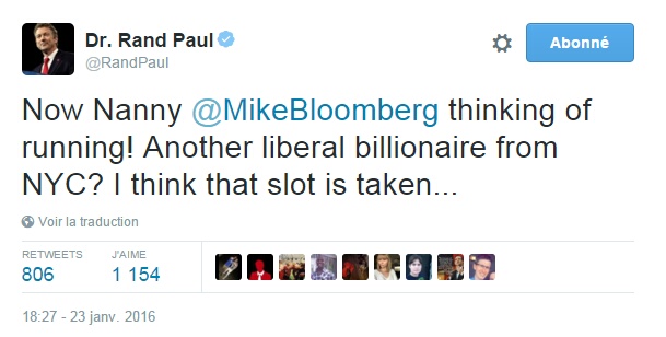 Traduction: Maintenant Mamie Mike Bloomberg pense à se présenter! Un autre milliardaire libéral de New York? Je pense que cette place est prise...