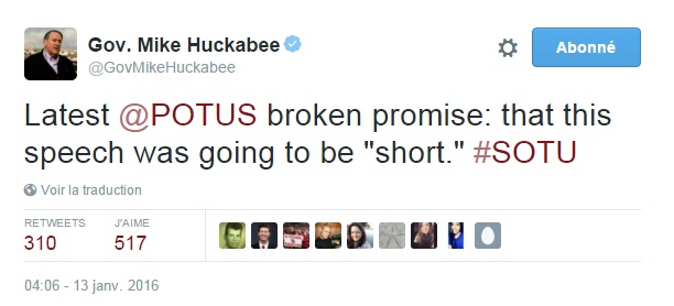Traduction: Promesse non tenue la plus récente du Président: que ce discours allait être "court"