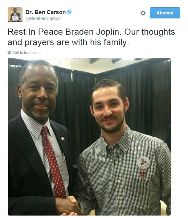 Traduction: Repose en paix Braden Joplin. Nos pensées et prières vont à sa famille.