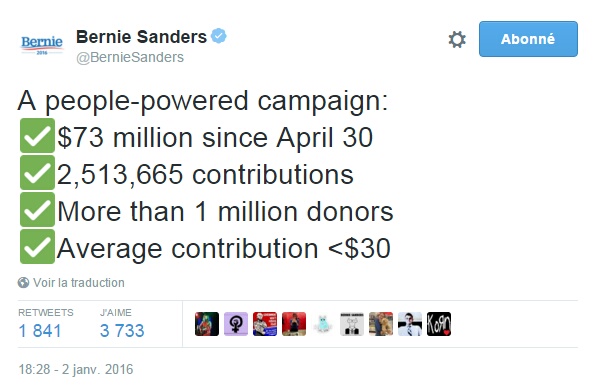 Traduction: Une campagne qui fonctionne grâce aux citoyens : 73 millions $ depuis le 30 avril 2,513,665 contributions Plus d'un million de donateurs Contribution moyenne <30$ 