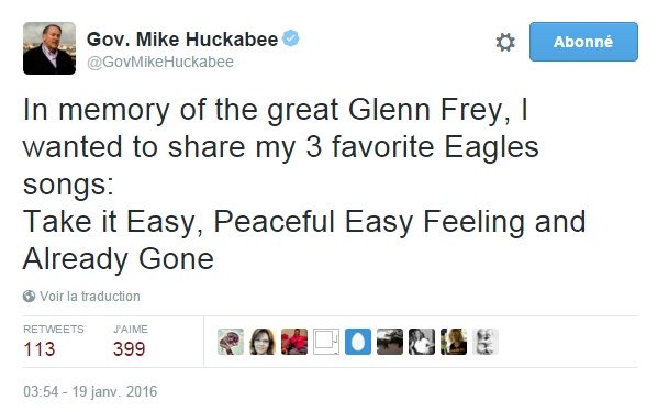 Traduction: En souvenir du grand Glenn Frey, je voulais partager mes 3 chansons préférées des Eagles : Take It Easy, Peaceful Easy Feeling et Already Gone