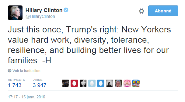 Traduction: Juste pour cette fois, Trump a raison: les new-yorkais accordent de l'importance au travail, à la diversité, à la tolérance, à la ténacité, et à construire des vies meilleures pour leurs familles.