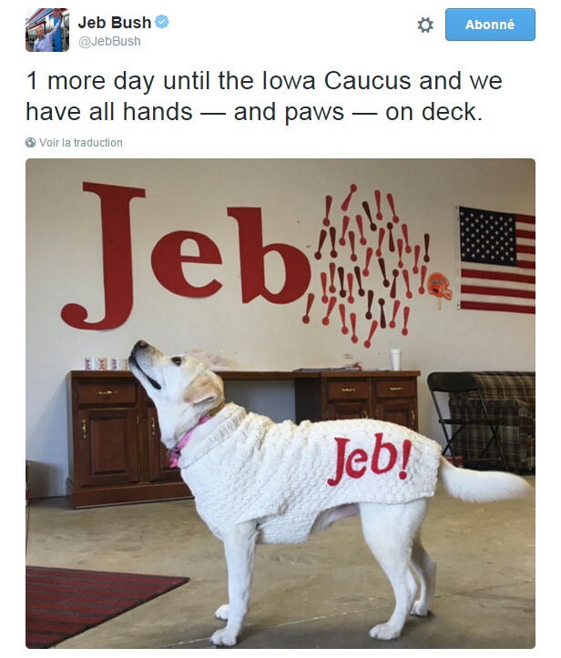 Traduction: Plus qu'un seul jour avant le caucus de l'Iowa et toutes les mains - et les pattes - sont sur le pont.