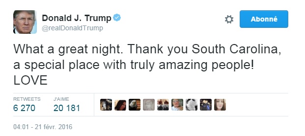 Traduction: Quelle superbe soirée. Merci la Caroline du Sud, un endroit spécial avec des gens vraiment incroyables ! LOVE