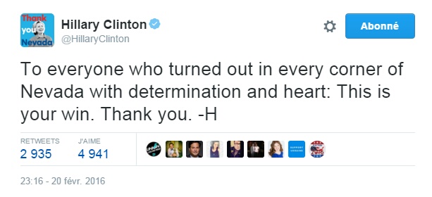 Traduction: À tous ceux qui sont venus de tous les coins du Nevada avec détermination et cœur: Ceci est votre victoire. Merci.