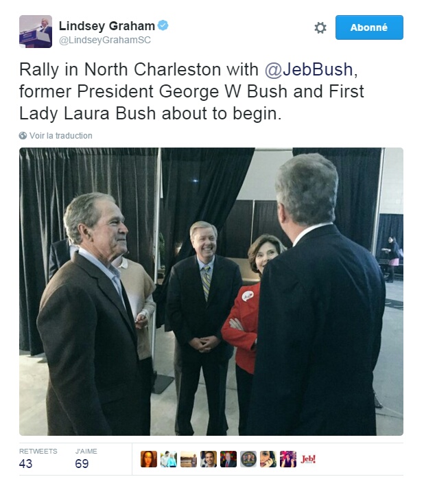 Traduction: Meeting à North Charleston avec Jeb Bush, l'ancien Président George W. Bush et la Première Dame Laura Bush sur le point de débuter.