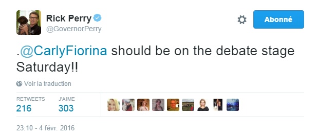 Traduction: Carly Fiorina devrait être sur la scène du débat samedi !!
