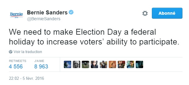 Traduction: Nous devons faire du jour de l'élection un jour férié pour augmenter la possibilité des électeurs de participer.