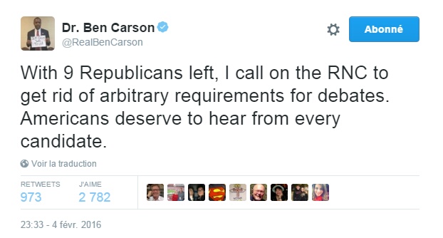 Traduction: Avec 9 Républicains restants, j'appelle le Parti Républicain à se débarrasser des exigences arbitraires pour les débats. Les américains méritent d'entendre chaque candidat.