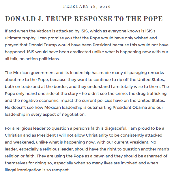 Le communiqué de Donald Trump en réponse au Pape François