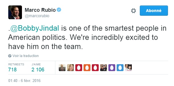 Traduction: Bobby Jindal est l'une des personnes les plus intelligentes de la politique américaine. Nous sommes incroyablement enthousiastes de l'avoir dans notre équipe.
