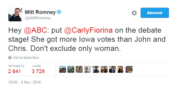 Traduction: Hey ABC: incluez Carly Fiorina sur la scène du débat! Elle a obtenu plus de votes en Iowa que John et Chris. N'excluez pas la seule femme.