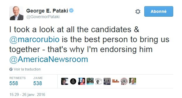 Traduction: J'ai examiné tous les candidats & Marco Rubio est la meilleure personne pour nous rassembler - c'est pourquoi je lui apporte mon soutien.