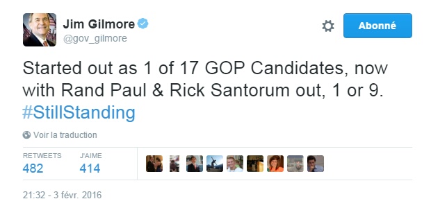 Traduction: J'ai débuté comme 1 candidat républicain sur 17, maintenant que Rand Paul & Rick Santorum sont dehors, 1 sur 9.