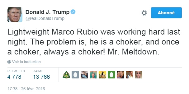 Traduction: Le poids léger Marco Rubio travaillait dur la nuit dernière. Le problème est, il est un raté, et raté une fois, raté pour toujours ! Mr. Effondrement.