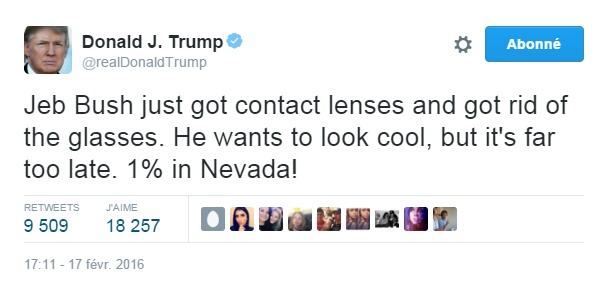 Traduction: Jeb Bush vient d'obtenir des lentilles de contact et de se débarrasser de ses lunettes. Il veut avoir l'air cool, mais c'est beaucoup trop tard. 1% au Nevada!