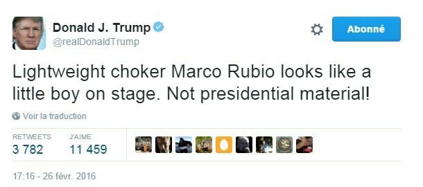 Traduction: Le poids léger raté Marco Rubio ressemble à un petit garçon sur scène. Pas d'étoffe présidentielle !