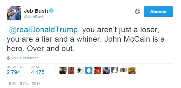 Traduction: Donald Trump, tu n'es pas seulement un loser, tu es un menteur et un pleurnichard. John McCain est un héros. Terminé.