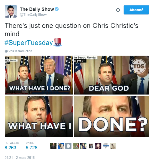 Traduction: Il n'y a qu'une seule question dans la tête de Chris Christie. Qu'est-ce que j'ai fait? Mon Dieu, qu'est-ce que j'ai fait?