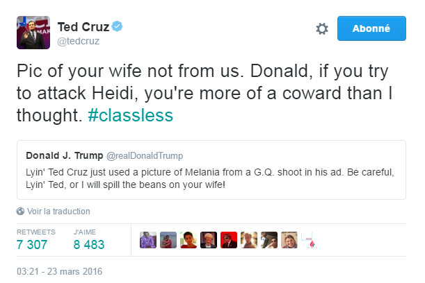 Traduction: La photo de ta femme ne vient pas de nous. Donald, si tu essayes d'attaquer Heidi, tu es encore plus lâche que je ne le pensais.