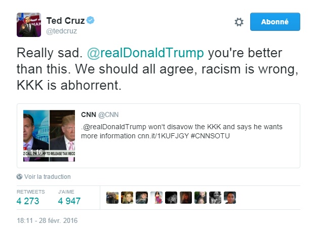 Traduction: Vraiment triste. Donald Trump, tu vaux mieux que cela. Nous devrions tous être d'accord, le racisme est quelque chose de mal, le KKK est abject.