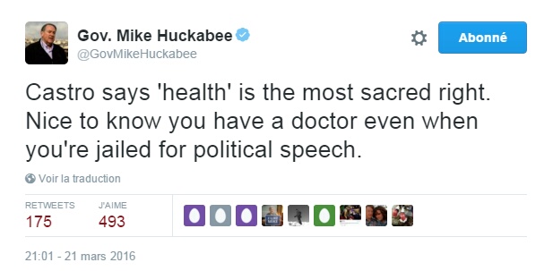 Traduction: Castro dit que la "santé" est le droit le plus sacré. C'est bon de savoir que vous avez un médecin même lorsque vous êtes emprisonné pour un discours politique.