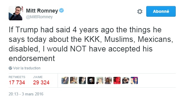Traduction: Si Trump avait dit il y a 4 ans les choses qu'il dit aujourd'hui à propos du KKK, des musulmans, des mexicains, des handicapés, je n'aurais PAS accepté son soutien