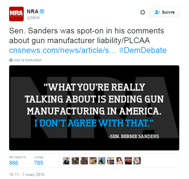 Traduction: Le sénateur Sanders était en plein dans le mille avec ses commentaires sur la responsabilité des fabricants d'armes