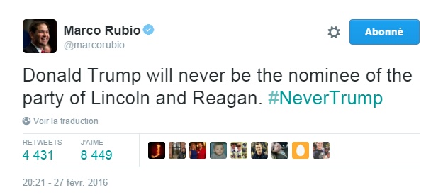 Traduction: Donald Trump ne sera jamais le nominé du parti de Lincoln et Reagan. #NeverTrump