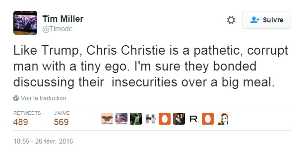 Traduction: Comme Trump, Chris Christie est un homme pathétique et corrompu avec un ego minuscule. Je suis sûr qu'ils se sont rapprochés en discutant de leurs incertitudes autour d'un gros repas.