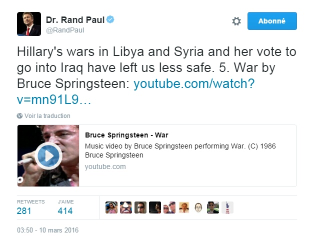 Traduction: Les guerres d'Hillary en Libye et en Syrie et son vote pour aller en Irak nous ont laissés moins en sécurité. 5. War de Bruce Springsteen