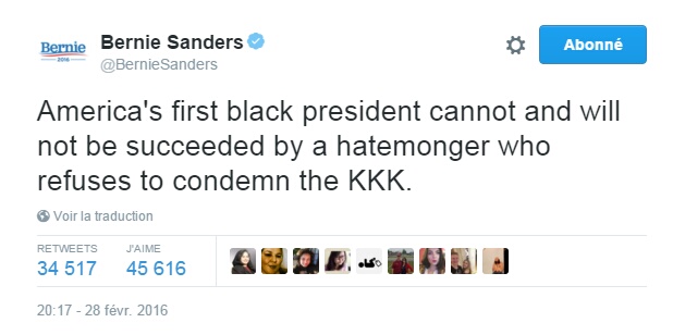 Traduction: Le premier président noir de l'Amérique ne peut pas être et ne sera pas remplacé par quelqu'un qui incite à la haine et refuse de condamner le KKK.