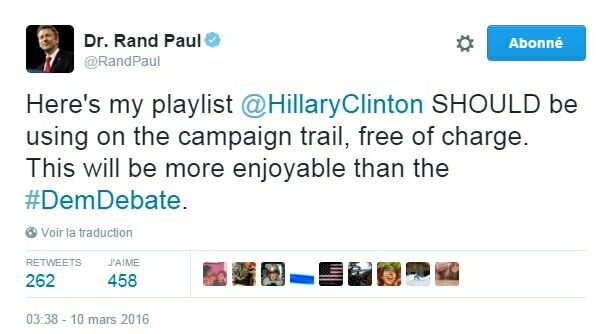 Traduction: Voici ma playlist qu'Hillary Clinton DEVRAIT utiliser pendant sa campagne, gratuitement. Cela sera plus agréable que le débat démocrate.